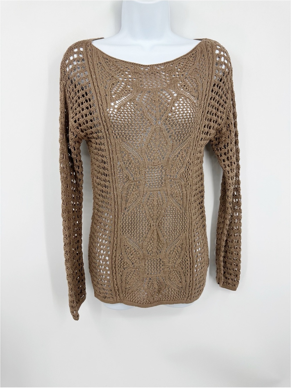 Vintage Y2K Brown Open Knit Long Sleeve Sweater Top Size Medium Boho Fairycore